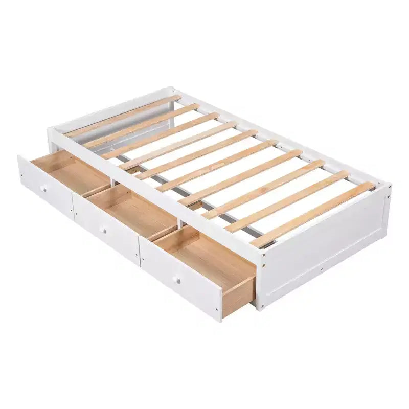 Letto a piattaforma a una piazza in legno di pino con 3 cassetti portaoggetti