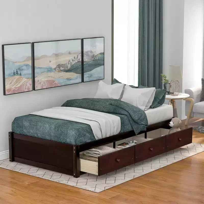 Letto a piattaforma a una piazza in legno di pino con 3 cassetti portaoggetti