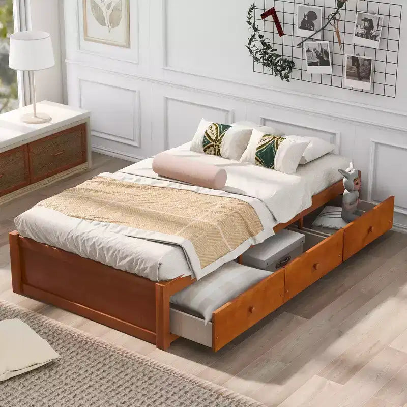 Letto a piattaforma a una piazza in legno di pino con 3 cassetti portaoggetti